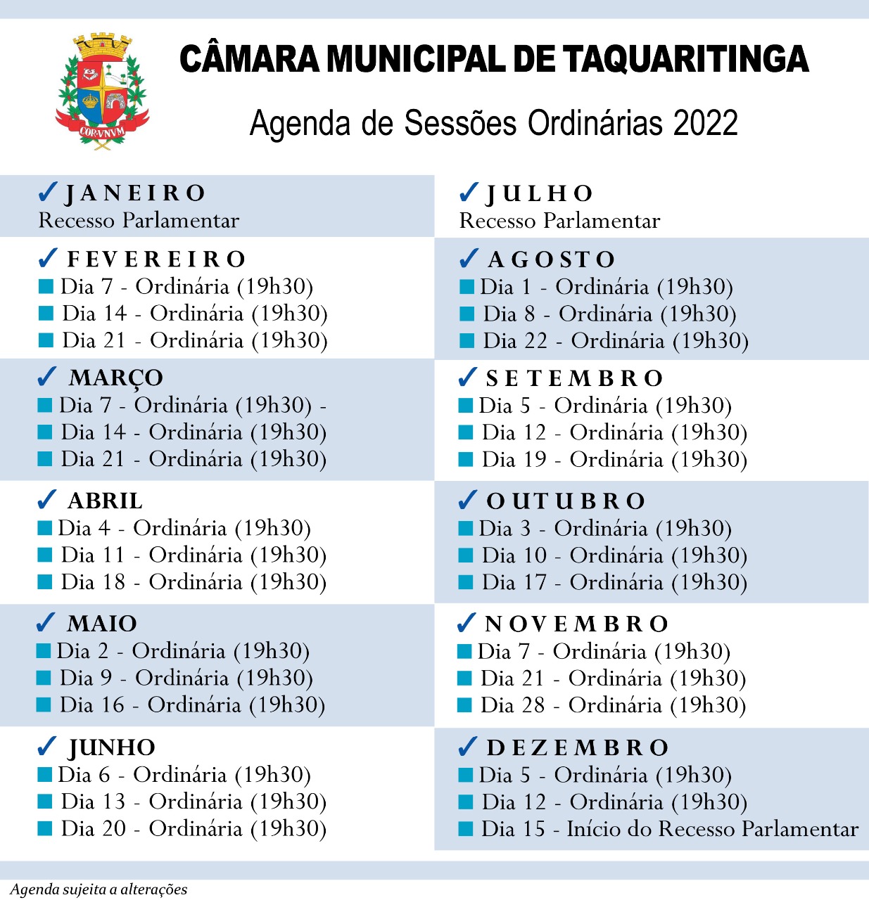 Agenda de Sessões 2022