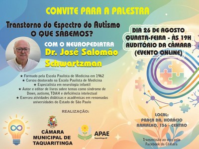 Palestra sobre autismo no dia 26 na Câmara Municipal